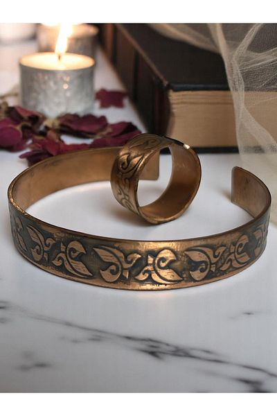 PrestigeSO Pure Copper Bracelet & Ring Set with Flower Symbol |   Adjustable & Unisex |   Natural Elegance