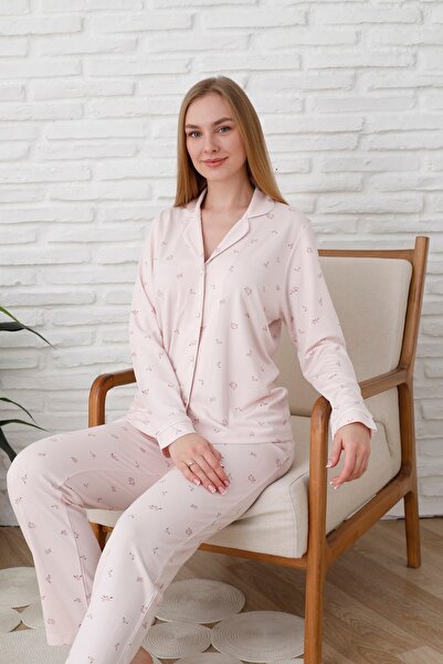Espuar 776 Kadın Önden Düğmeli Çiçek Desenli Uzun Kollu Pijama Takımı