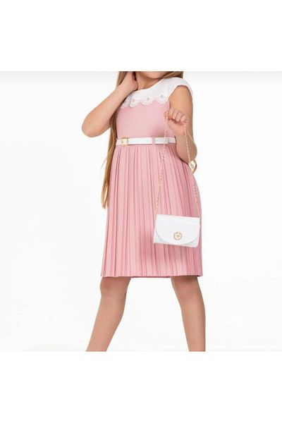 skycott Female Child Pink Pleated Belt Dress Without Bag
