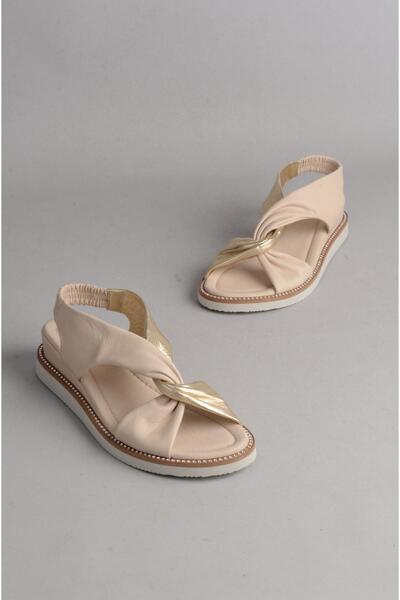 SEÇ KUNDURA SEÇ 107614 صندل نسائي من الجلد الطبيعي بتفاصيل حجرية باللون البيج...