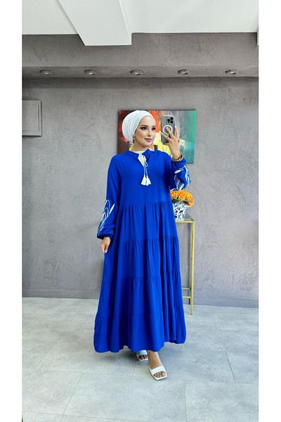 EL jadida Women's Embroidered Tasseled Plus Size Hijab Dress Saks Blue