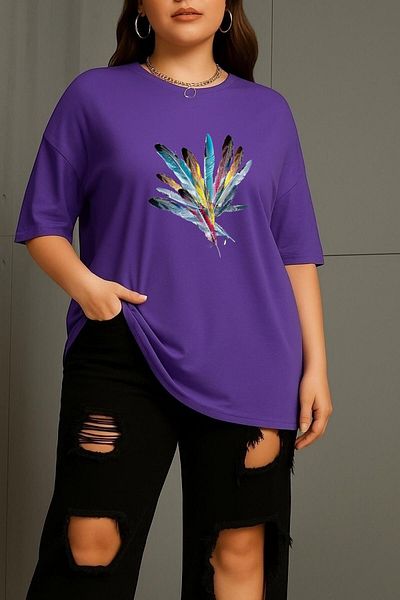 BENROMA In Cart 6 or More Purchases Get 1 T-Shirt as a Gift - Large Size Colorful Feather Printed Unisex T-Shirt