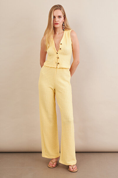 Cool & Sexy Women's Yellow Seersucker Vest Pantalon Suit Flu330