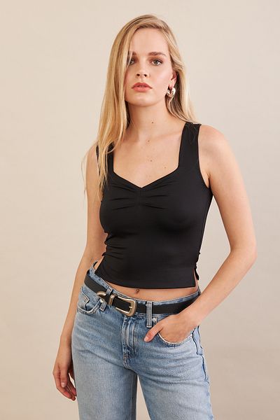 Cool & Sexy Women's Black Gathered Blouse Flu325