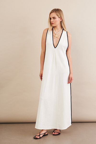 Cool & Sexy Γυναικείο Λινό Φόρεμα με ρίγες εκρού αντίθεσης MSİ101