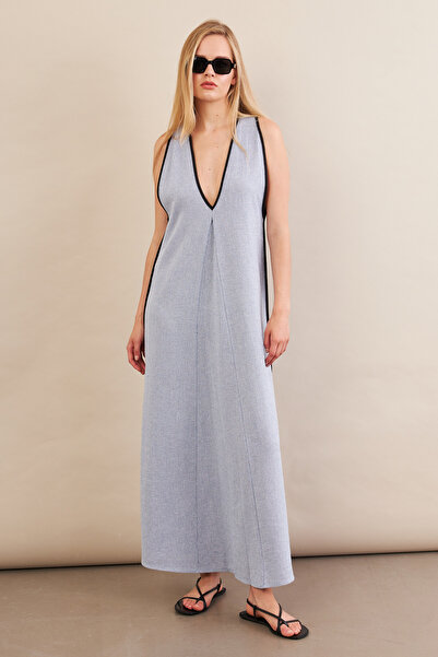 Cool & Sexy Kadın Mavi Kontrast Çizgili Maxi Keten Elbise MSİ101