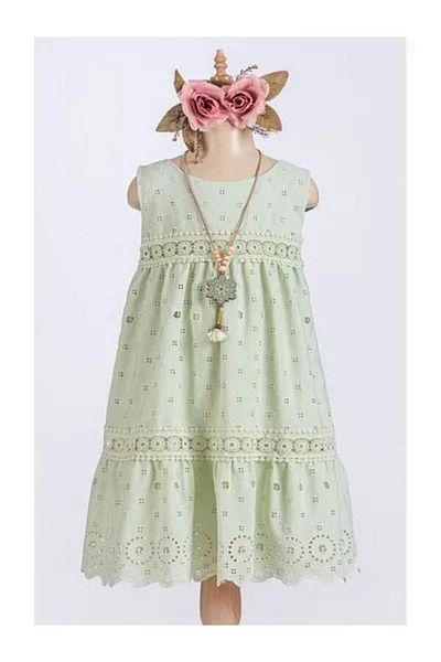 skycott Lacy Detailed Square Pattern Short Sleeve Girls Dress - with Necklace -Green