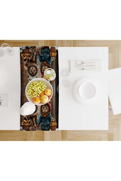 Şah Dekor Avant-Garde Themed Autumn Cat Patterned Digital Printed Gift Runner Tablecloth 45X100Cm