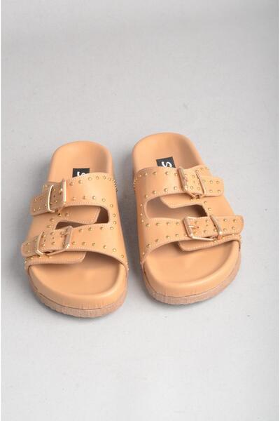 SEÇ KUNDURA Seç 8112 Genuine Leather Double Band Women's Slippers Caramel