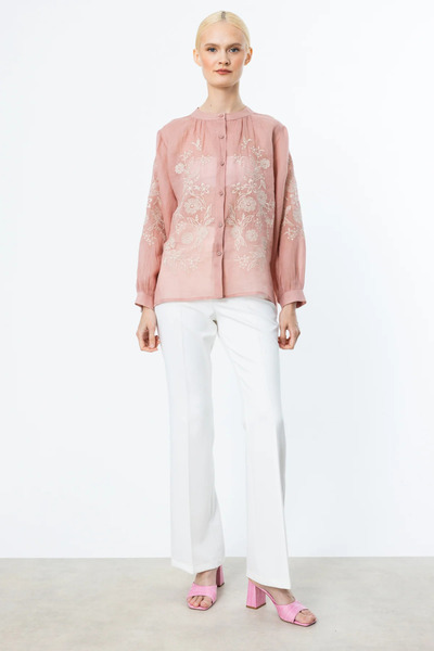 Ekol Embroidery Detailed Buttoned Blouse Pink
