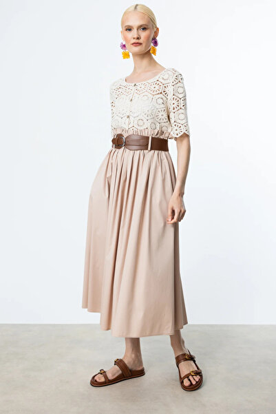 Ekol Pleated Midi Length Skirt with Belted Waist Sand 01054