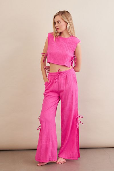 Cool & Sexy Costum de damă fucsia cu umeri căptușiți și detaliu de legare KED002