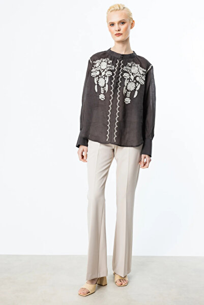 Ekol Κεντημένη λινό μπλούζα με κουμπί μπροστά κακάο