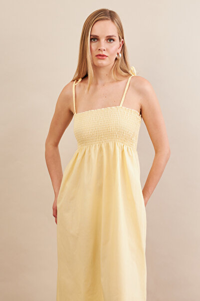 Cool & Sexy Kadın Sarı Straplez Çizgili Plaj Elbisesi