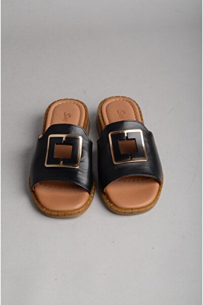 SEÇ KUNDURA Seç 052 Genuine Leather Buckle Slippers (Heel Height: 3.5 cm) Black