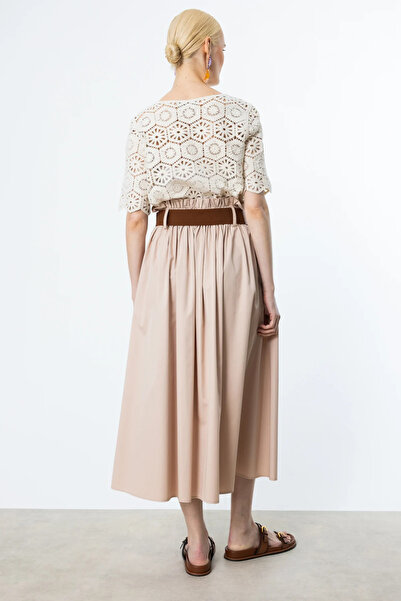 Ekol Pleated Midi Length Skirt with Belted Waist Sand 01054