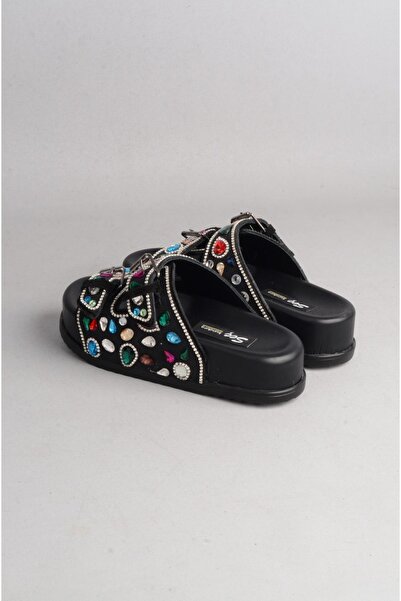 SEÇ KUNDURA Seç 8182 Genuine Leather Double Band Stone Women's Slippers Black Suede