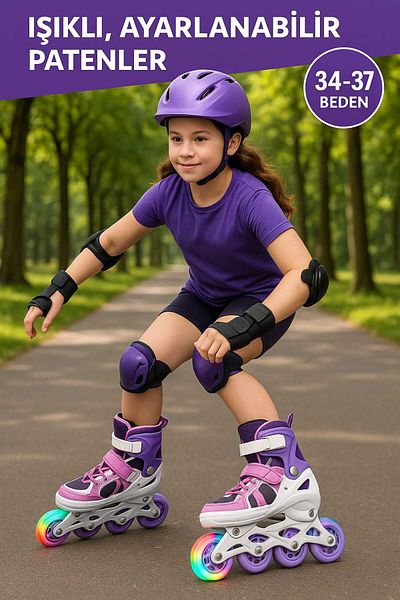 CAN Adjustable Lighted Roller Skates |   Dual Use Inline Skates Double Wheels Practice Mode Size 34-37 Purple