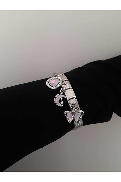 bijoux uniques Steel Italian Charm Bracelet with Butterfly & Heart & Moon Figures
