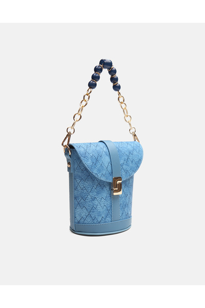 vitruna Aventra İncili Zincir Askılı Mavi Omuz Askılı Şık Kova Çanta
