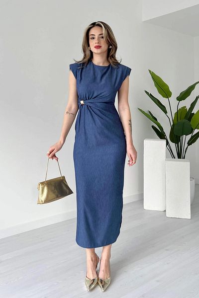 Aventien Padded Brooch Detailed Slit Midi Dress