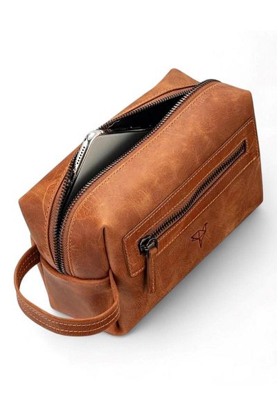 sistem Boston Genuine Leather Hand Handle Zippered Side Eye Compartment-Tan