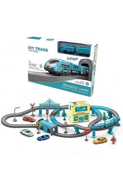 indiggo Set Electric Train Toy, CityTrain, Includes 92 Pieces, with Station and Decorative Items, 4 Cars, So