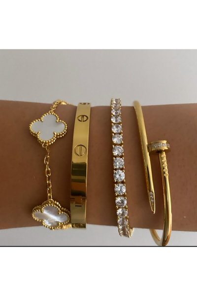 bs bellss accessory Gold Dörtlü Marka Model Çelik Bileklik Set