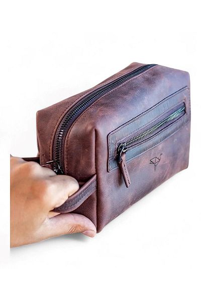 sistem Boston Genuine Leather Hand Handle Zippered Side Eye Compartment-Brown