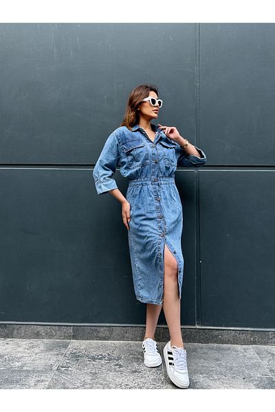 SOLİS MODA Women's Jeans Dress with Buttons