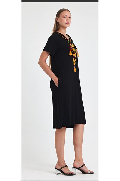 atelyu Women's Ethnic Embroidery Pattern Black Summer Viscose Combed Cotton Dress