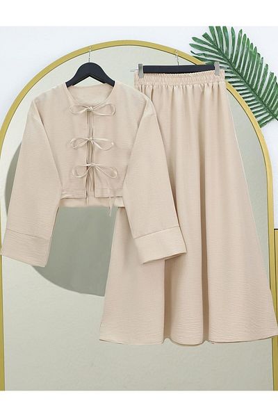 MACMODA Linen Suit with Lace-Up Front and Elastic Waist Skirt