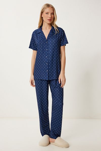 Lovelyİstanbul Patterned Flexible Soft Textured Pajama Set Dark Blue Lfp0003