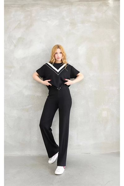 isez Osy Modal Soft Textured Fabric Crew Neck Short Sleeve Set with Patchwork Detail - Black