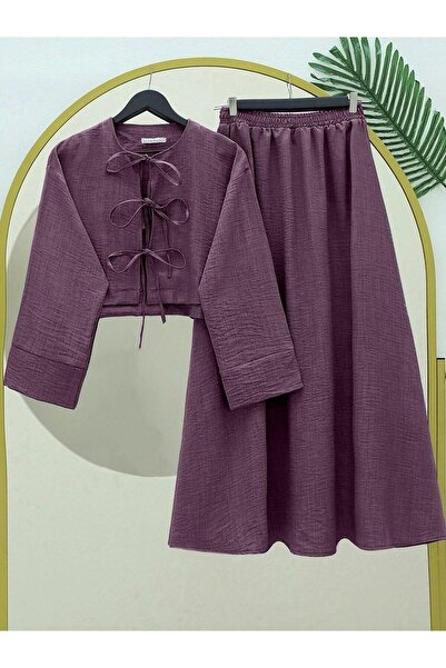 MACMODA Linen Suit with Lace-Up Front and Elastic Waist Skirt