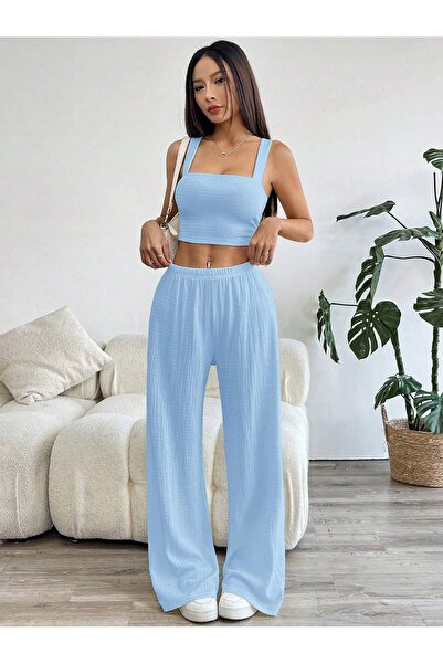 meren like your style Baby Blue Loose Casual Pants Bottom