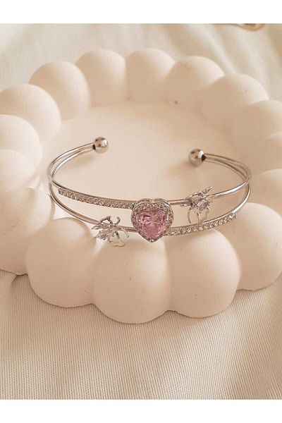 bijoux uniques Steel Adjustable Pink Heart&Butterfly Bracelet