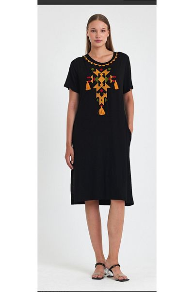 atelyu Women's Ethnic Embroidery Pattern Black Summer Viscose Combed Cotton Dress