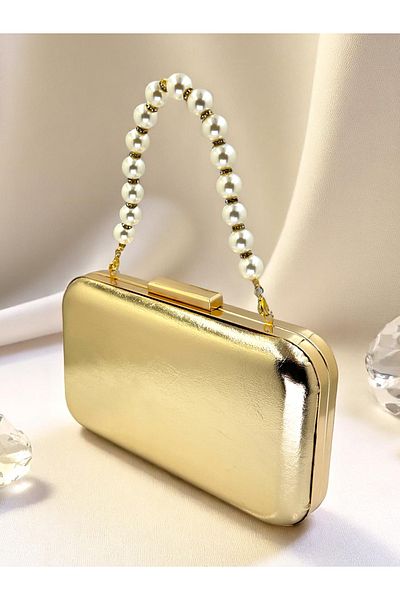Biçanta Gold Gold Dore Color Wrinkled Patent Leather Pearl Handle Evening Dress Bag Evening Bag Wedding Engagement Portfolio