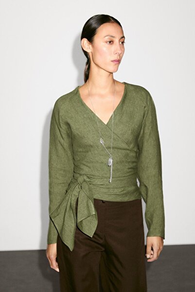 Massimo Dutti Beli bağcıklı dökümlü keten bluz