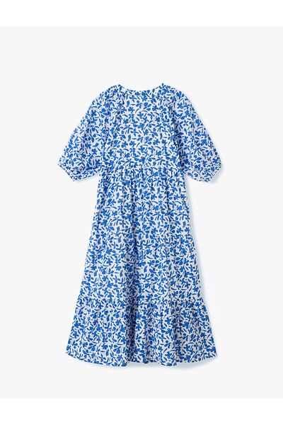 Koton New Season Cotton Lined Mandarin Collar Balloon Sleeve Long Floral Dress