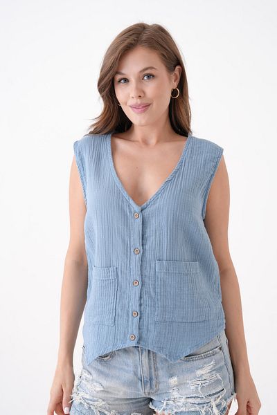 Butik Women's 100% Cotton Pocket Front Buttoned Muslin Vest Blouse