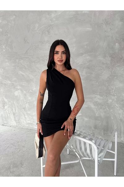 CanselButik    One Shoulder Sleeveless Mini Dress - Black