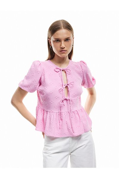 Koton New Season Textured Short Balloon Sleeve Bow Front Lace up Blouse