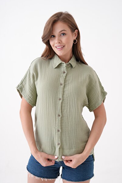 Butik 100% Cotton Button Detail Summer Muslin Bat Shirt Bluz Mg-204