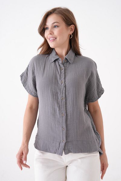 Butik 100% Cotton Button Detail Summer Muslin Bat Shirt Bluz Mg-204