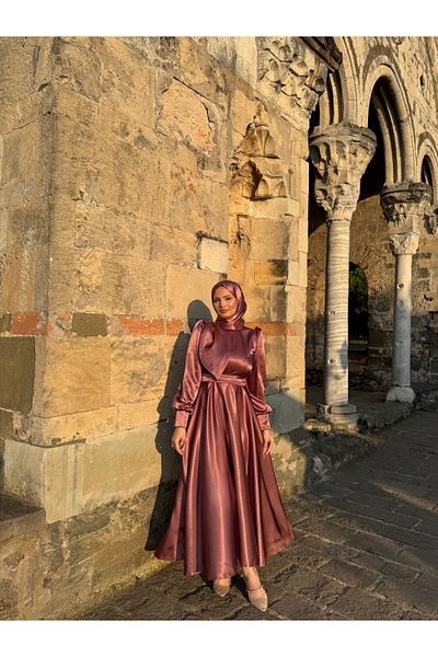 MOOLİSA Bera Evening Dress Dusty Rose Satin Hijab Evening Dress, Graduation, Prom, Evening Dress