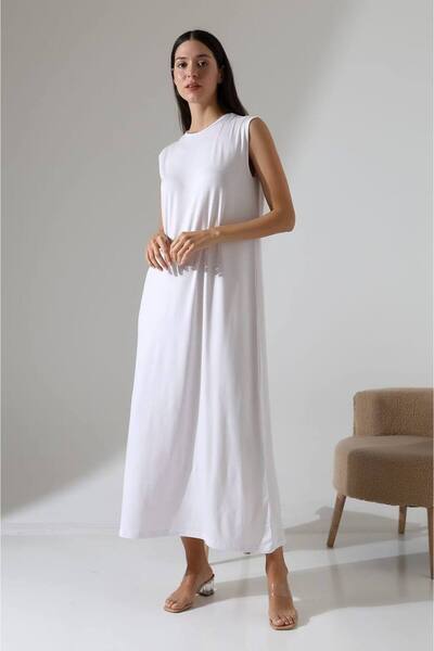 MetuCA Women's White Oversize Zero Sleeve Crew Neck Basic Daily Long Underwear Tunic Viscon Fabric