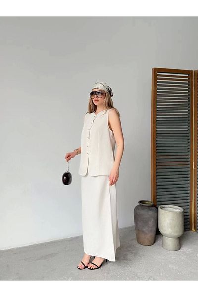 CanselButik Linen sleeveless zero neck button sleeveless cardigan skirt twin set- white