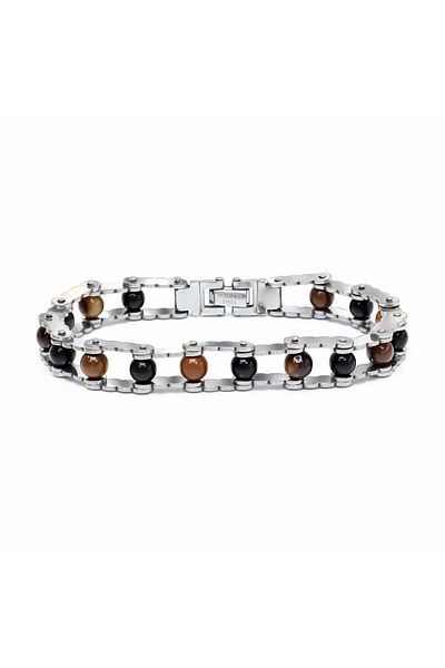 AKSESUARIM Steel Bracelet with Tiger Eye and Onyx Stone